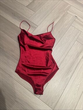 Red Satin Cowl Neck Bodysuit -